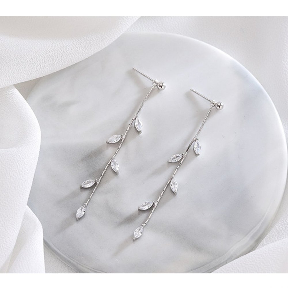 Leaflet Stem Needle Willow Cubic Zirconia Silver Drop Earrings